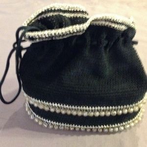 Vintage Black Beaded Drawstring Bag